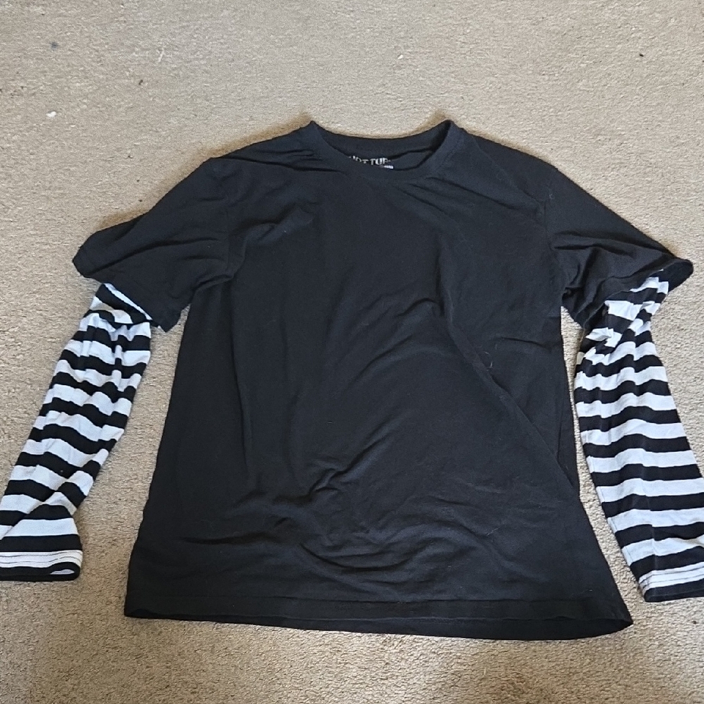 Hot Topic Black Tee with Striped Sleeves
